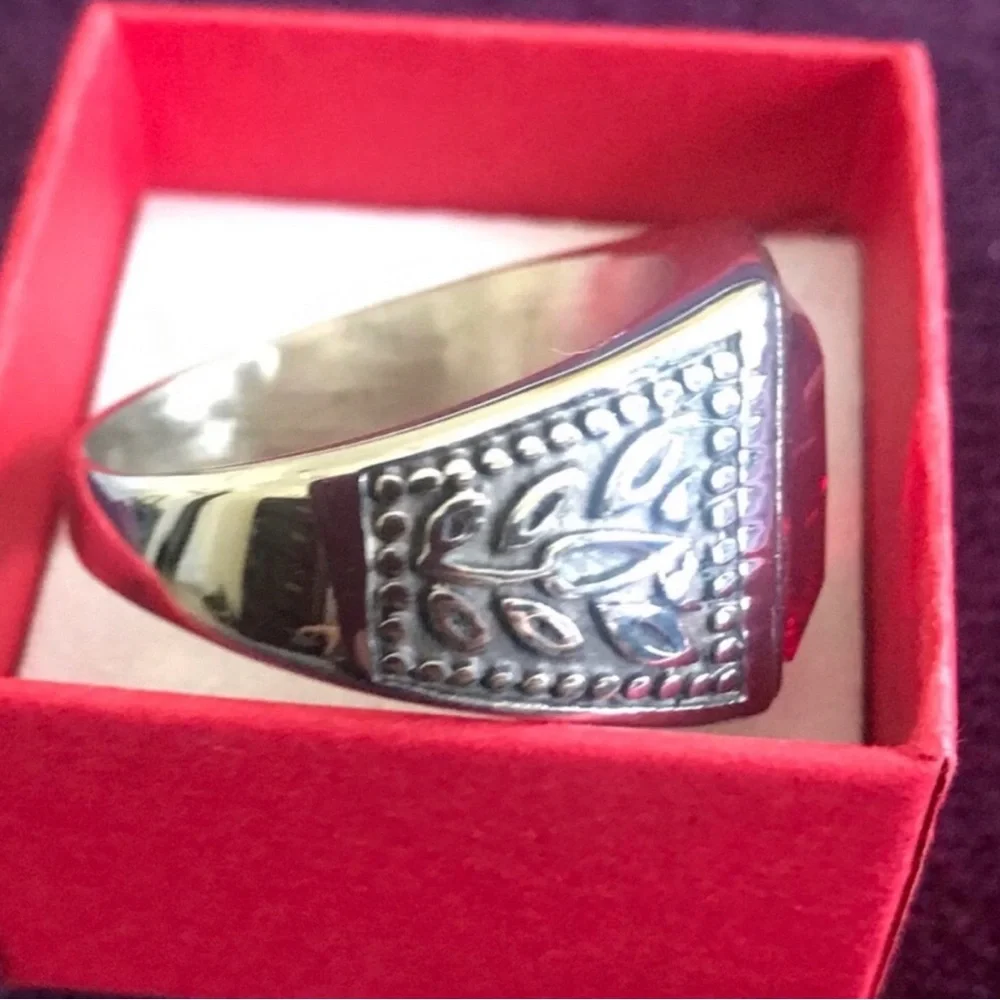 Men's Stainless Steel  Ring with Red Rectangular Gem
